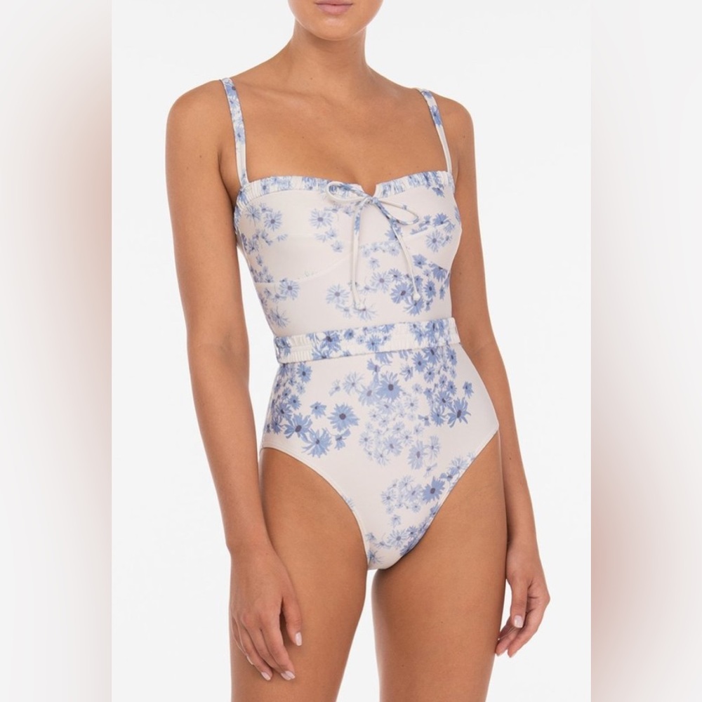 Floral Tie-Front One-Piece Swimsuit in Blue and Cream